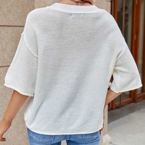 White Preppy Womens Heart Pattern Drop Shoulder Knit Top - Picture 2 of 5